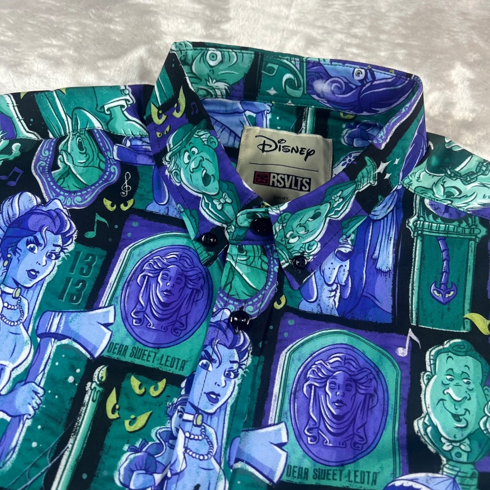 RSVLTS Disney Men's Medium Short Sleeve Haunted Mansion Leota Shirt Purple Green